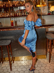 Bardot Corset Style Satin Bodycon Dress in Blue