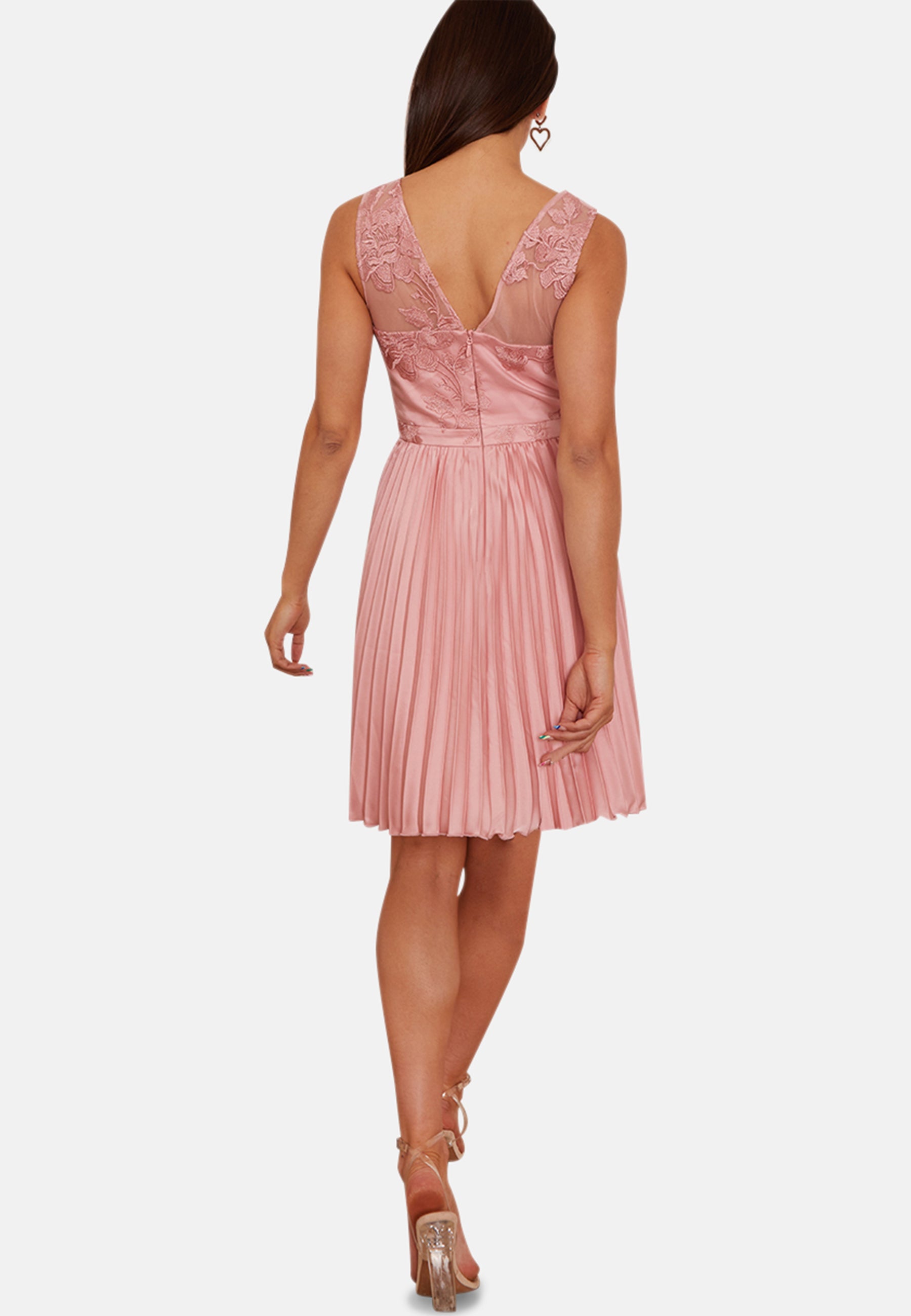 Embroidered Lace Pleated Mini Dress in Pink