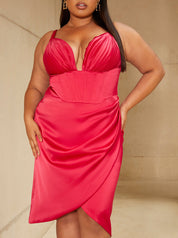 Plus Size Corset Style Bodycon Satin Midi Dress in Pink