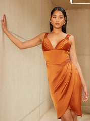 Corset Style Bodycon Satin Midi Dress in Rust