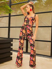 Sleeveless Sweetheart Floral Print Jumpsuit in Black