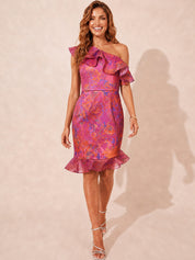 One-Shoulder Ruffle Floral Print Bodycon Mini Dress in Pink