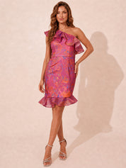 One-Shoulder Ruffle Floral Print Bodycon Mini Dress in Pink