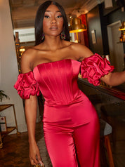 Bardot Corset Style Satin Jumpsuit in Pink