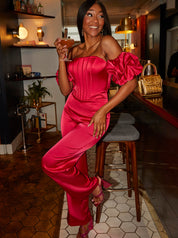 Bardot Corset Style Satin Jumpsuit in Pink