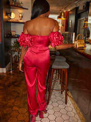 Bardot Corset Style Satin Jumpsuit in Pink