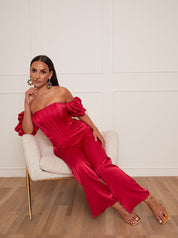 Petite Bardot Corset Style Jumpsuit in Pink