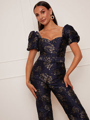 Petite Puff Sleeve Jacquard Jumpsuit in Navy
