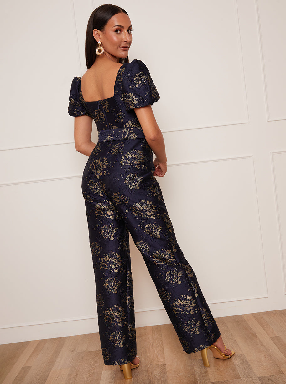 Petite Puff Sleeve Jacquard Jumpsuit in Navy