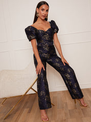 Petite Puff Sleeve Jacquard Jumpsuit in Navy