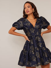 Puff Sleeve V Neck Jacquard Mini Dress in Navy
