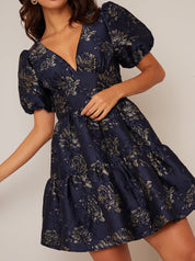Puff Sleeve V Neck Jacquard Mini Dress in Navy