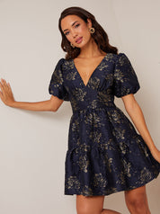 Puff Sleeve V Neck Jacquard Mini Dress in Navy