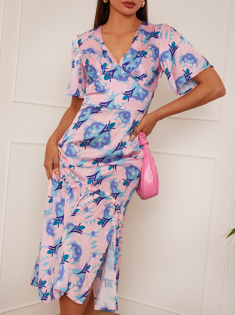 V Neck Abstract Print Midi Dress in Pink
