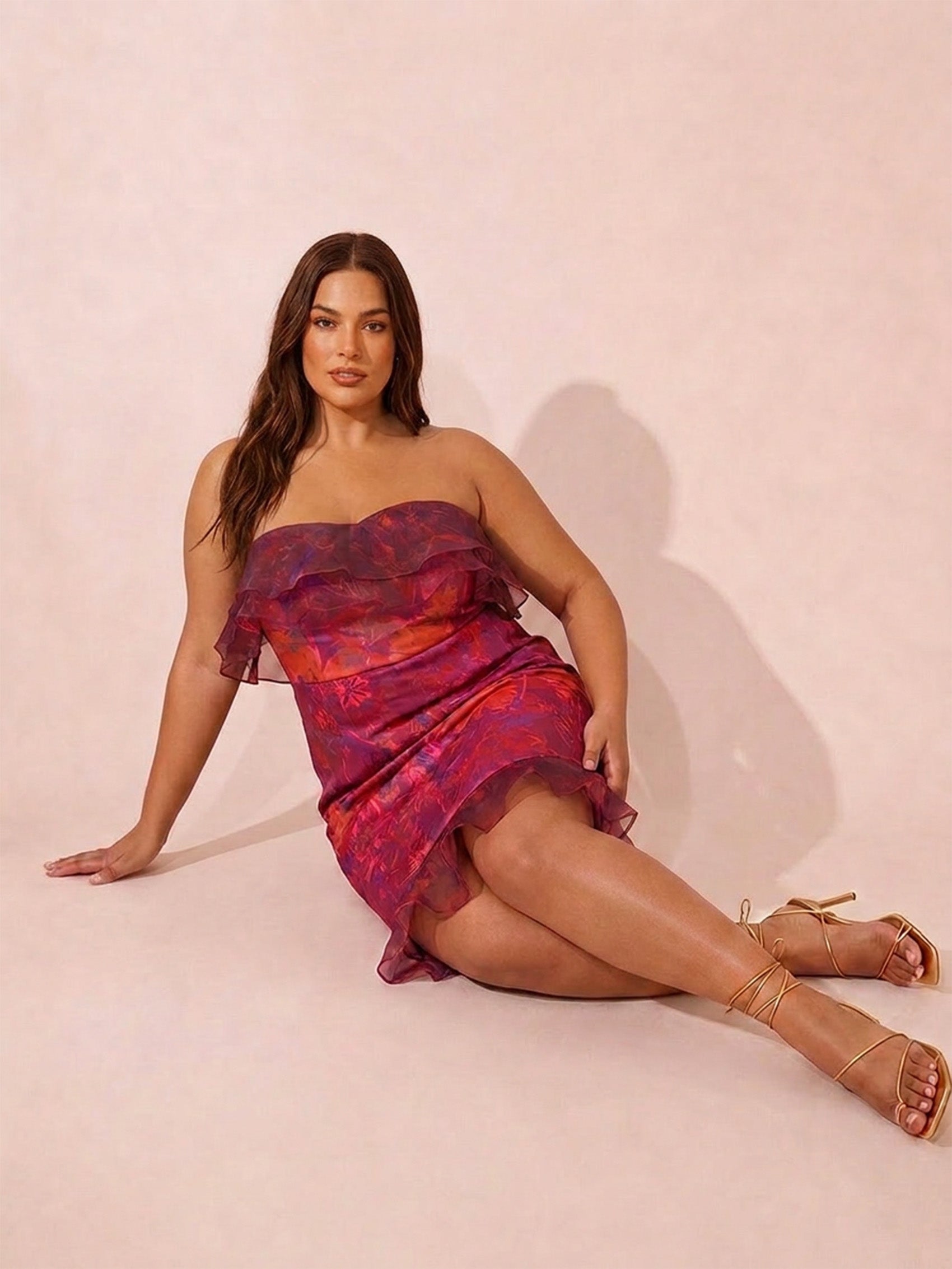 Plus Size Bardot Ruffle Floral Print Mini Dress in Burgundy