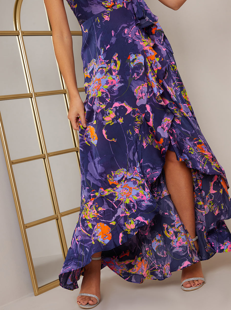 Sleeveless Neon Abstract Print Wrap Midi Dress in Blue
