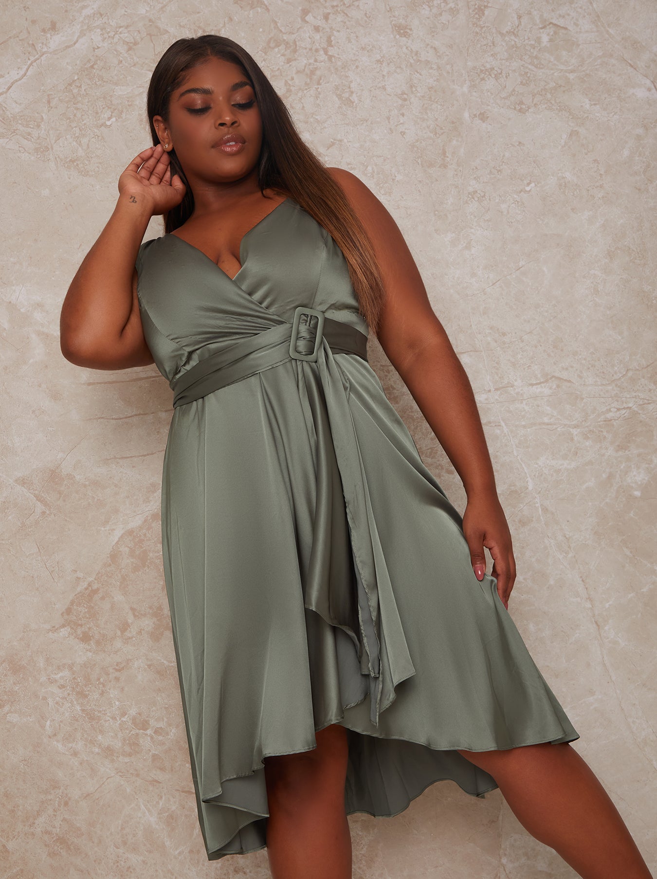Plus Size Wrap Bodice Cami Strap Bridesmaid Midi Dress in Green