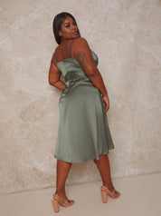 Plus Size Wrap Bodice Cami Strap Bridesmaid Midi Dress in Green