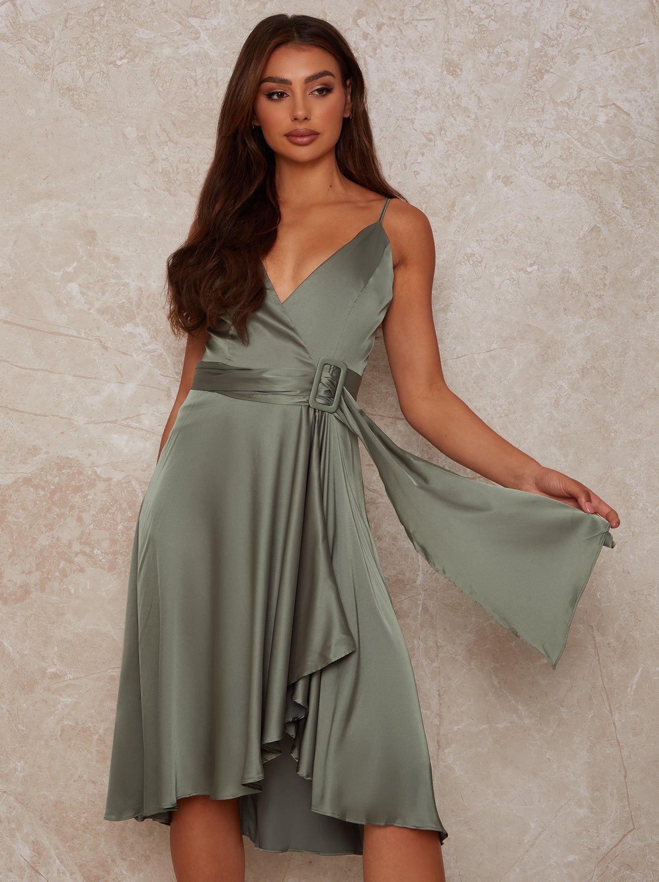 Wrap Bodice Cami Strap Bridesmaid Midi Dress in Green