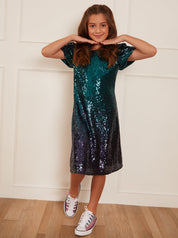 Older Girls Puff Sleeve Sequin Midi Dress in Green