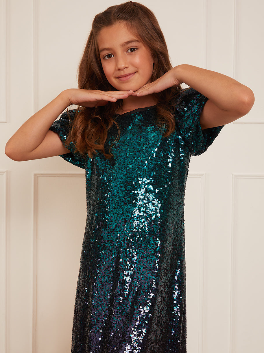 Older Girls Puff Sleeve Sequin Midi Dress in Green