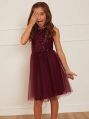 Older Girls Sequin Tulle Midi Dress in Berry