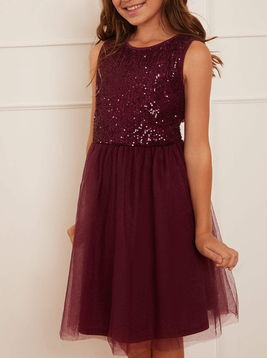 Older Girls Sequin Tulle Midi Dress in Berry