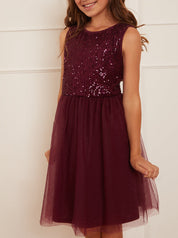 Older Girls Sequin Tulle Midi Dress in Berry