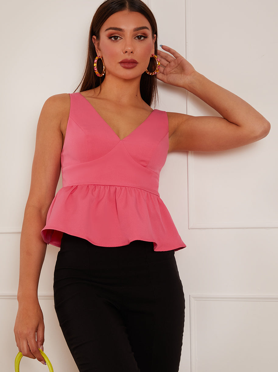 Plunge Neck Peplum Hem Top in Pink