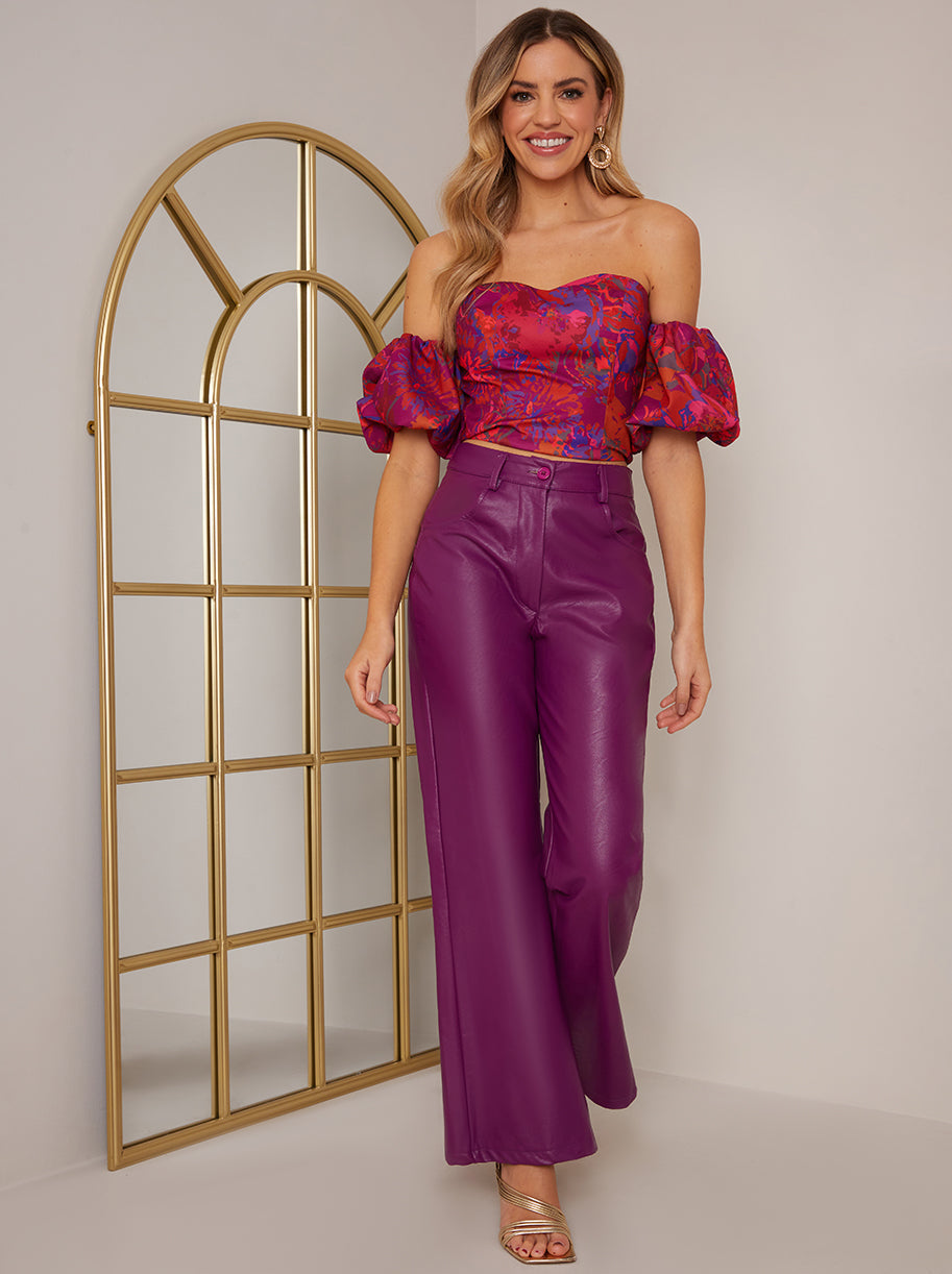 Bardot Ruffle Floral Top in Burgundy