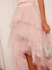 Ruffle Tulle Tiered Dip Hem Maxi Skirt in Pink