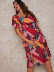 Plus Size Square Neck Graphic Print Midi Dress in Multi