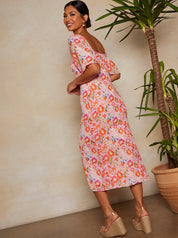 Square Neck Floral Print Midi Dress in Pink