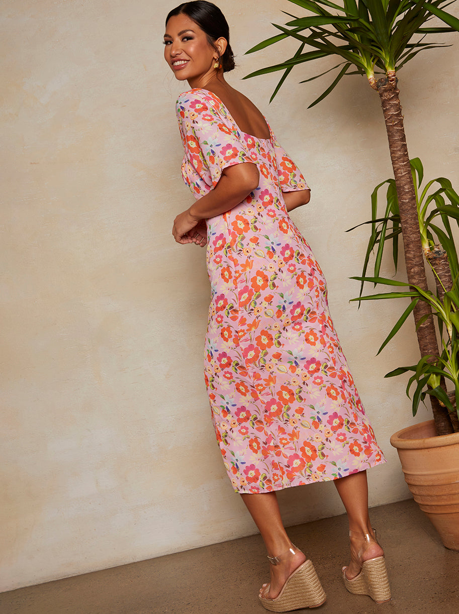 Square Neck Floral Print Midi Dress in Pink