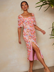 Square Neck Floral Print Midi Dress in Pink