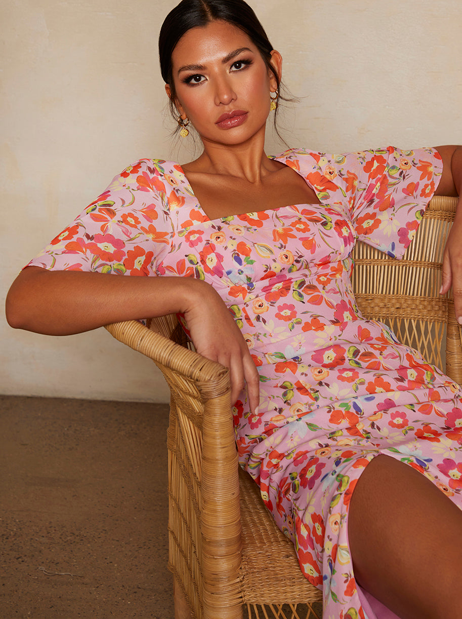 short sleeve floral dress Short Sleeve Square Neck Floral Midi Dress in Pink