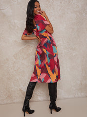 Square Neck Graphic Print Midi Dress in Multi