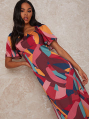 Square Neck Graphic Print Midi Dress in Multi