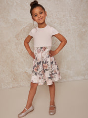 Girls Ruffle Trim Floral Print Dress in Pink