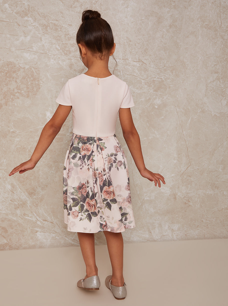 Girls Ruffle Trim Floral Print Dress in Pink