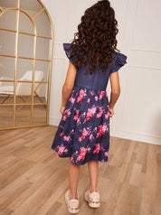 Younger Girls Ruffle Floral Print Midi Dress in Navy