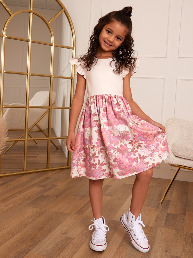 Younger Girls Ruffle Floral Print Midi Dress in Pink
