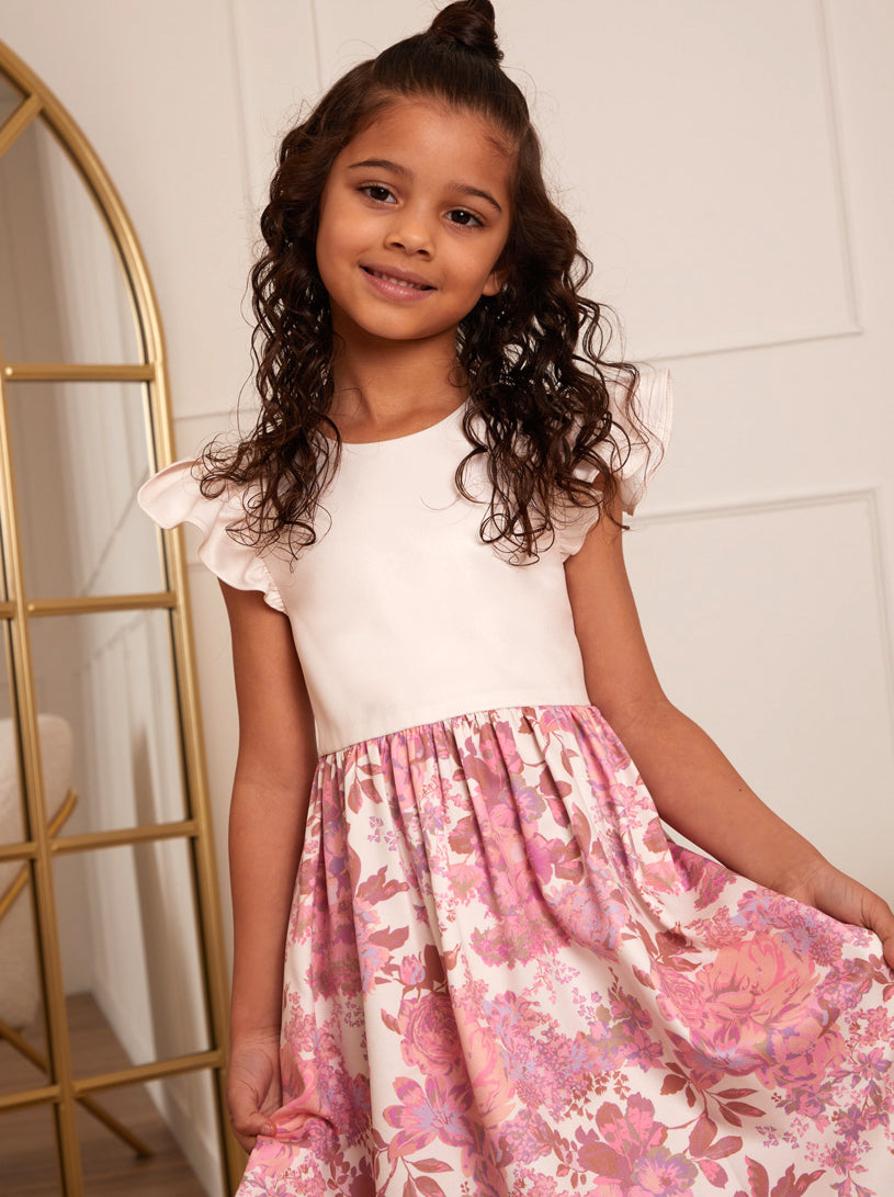 Younger Girls Ruffle Floral Print Midi Dress in Pink