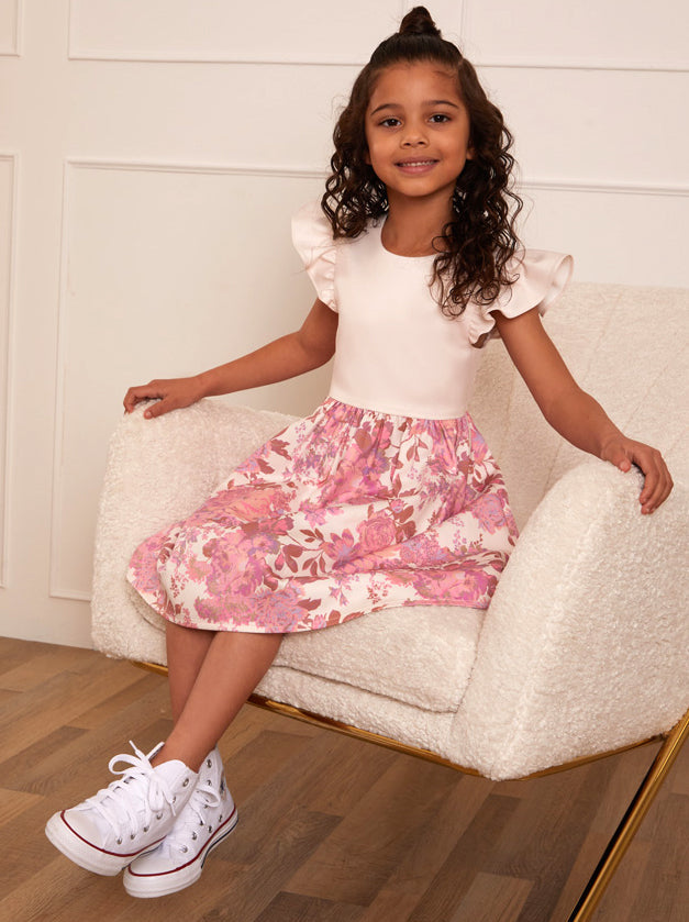 Younger Girls Ruffle Floral Print Midi Dress in Pink