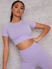 Short Sleeved Cropped Sports Top in  Purple