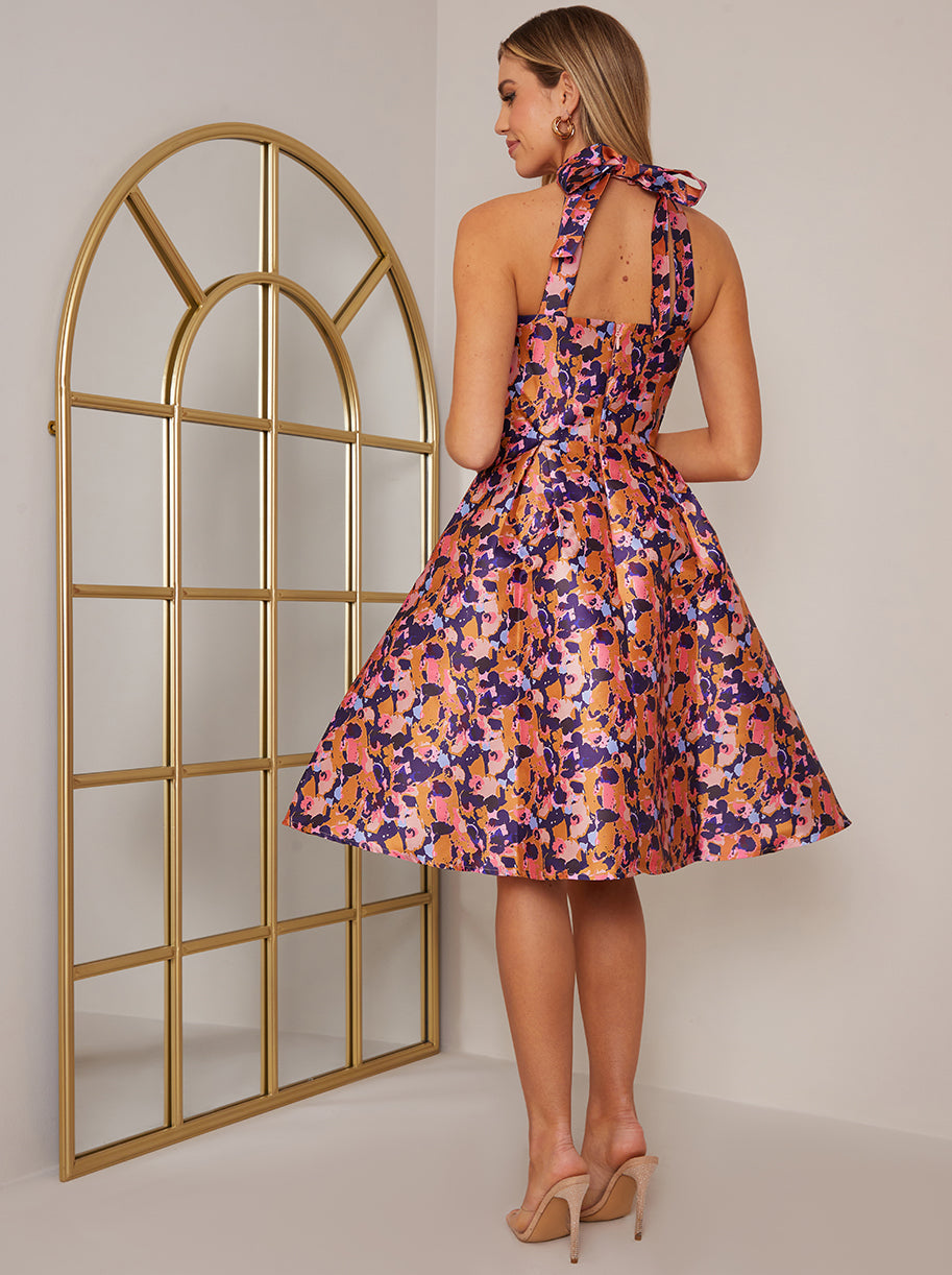 Halter Neck Abstract Print Midi Dress in Blue