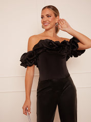 Bardot Ruffle Detail Top in Black