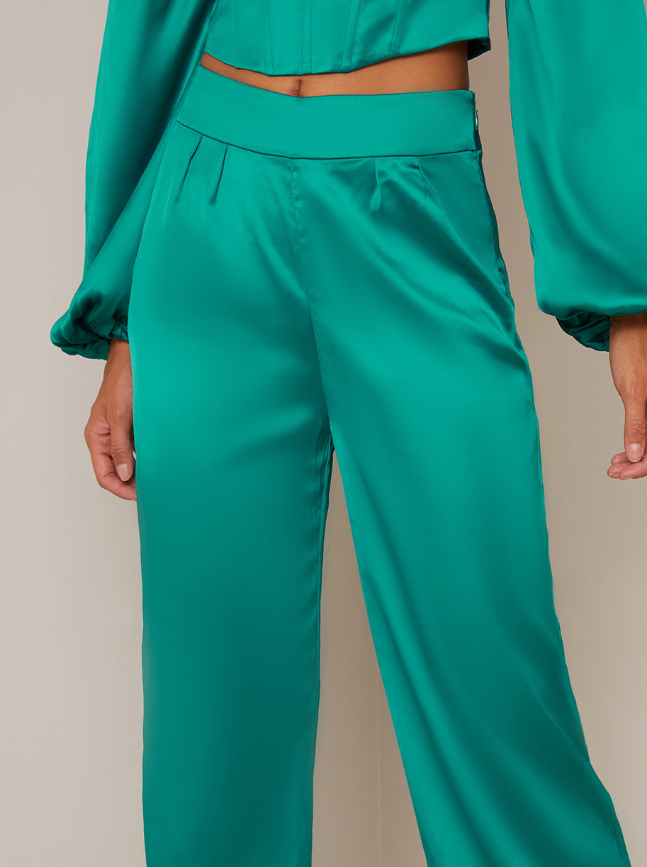 Satin Wide Leg Trousers in Green