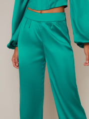 Satin Wide Leg Trousers in Green