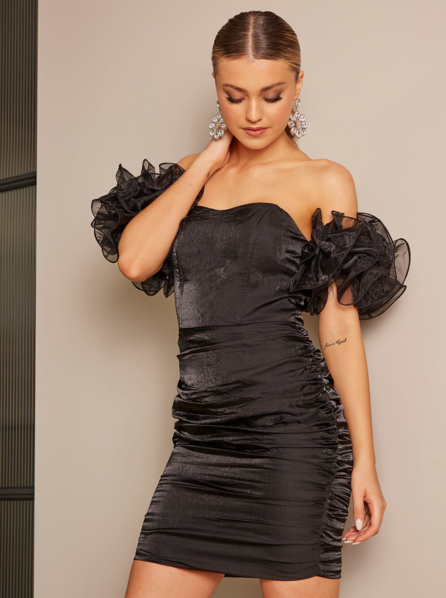 Bardot Organza Corset Style Midi Dress in Black